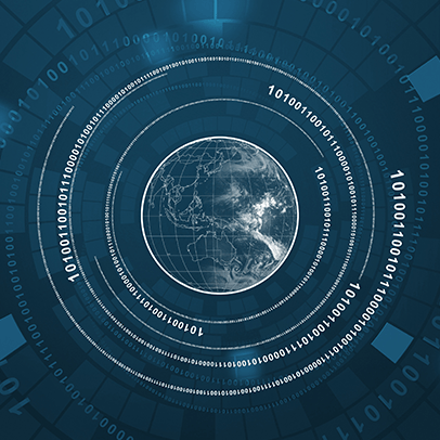 World depicted with binary numbers spiraling around it